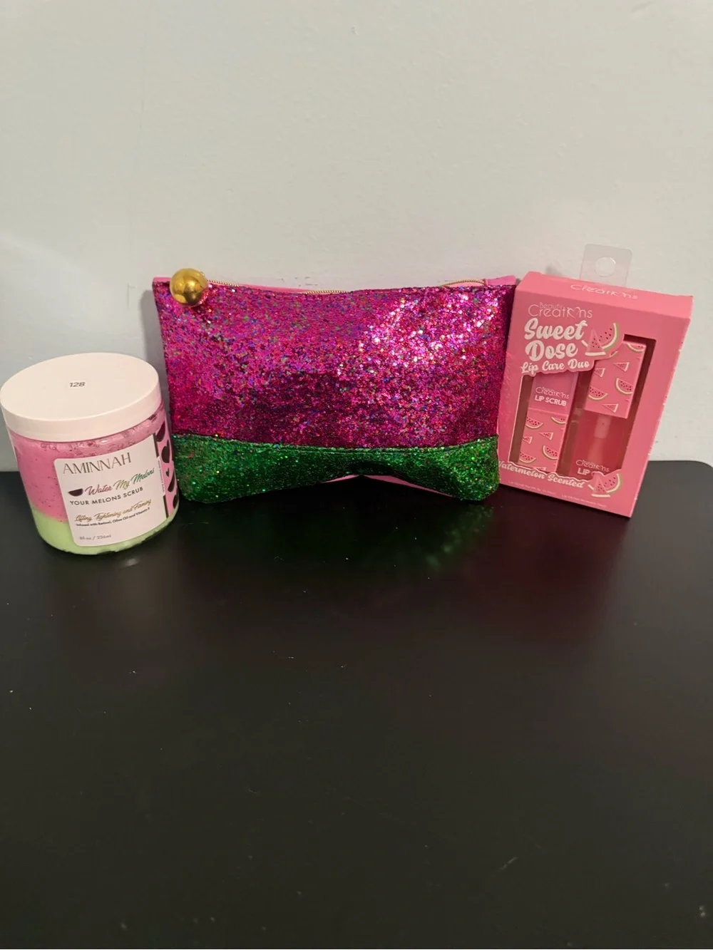 Aminnah beauty bundle set: Pink and Green Glitter Ipsy bag and lip duo! New